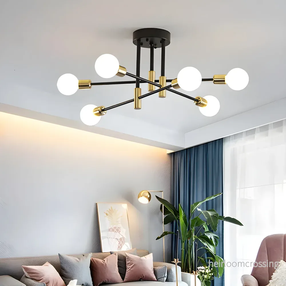 Taklampa Sputnik – ljuskrona halvinfälld i mid-century-stil för vardagsrum