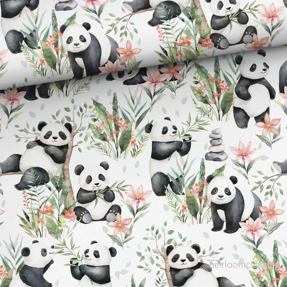 FÖRHANDSBOKNING! VÄVD BOMULL - PANDA MED BLOMMOR