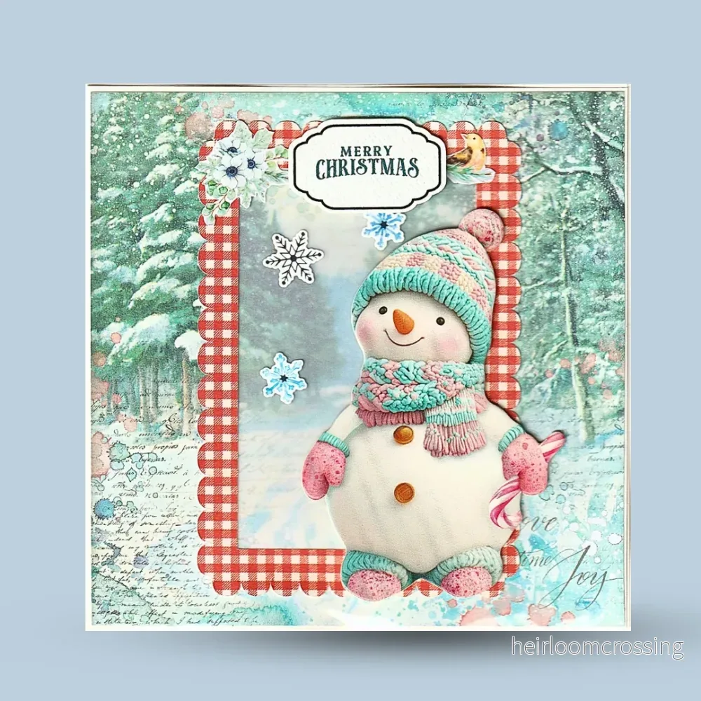 Julkort 15×15: ”Merry christmas”, Snögubbe