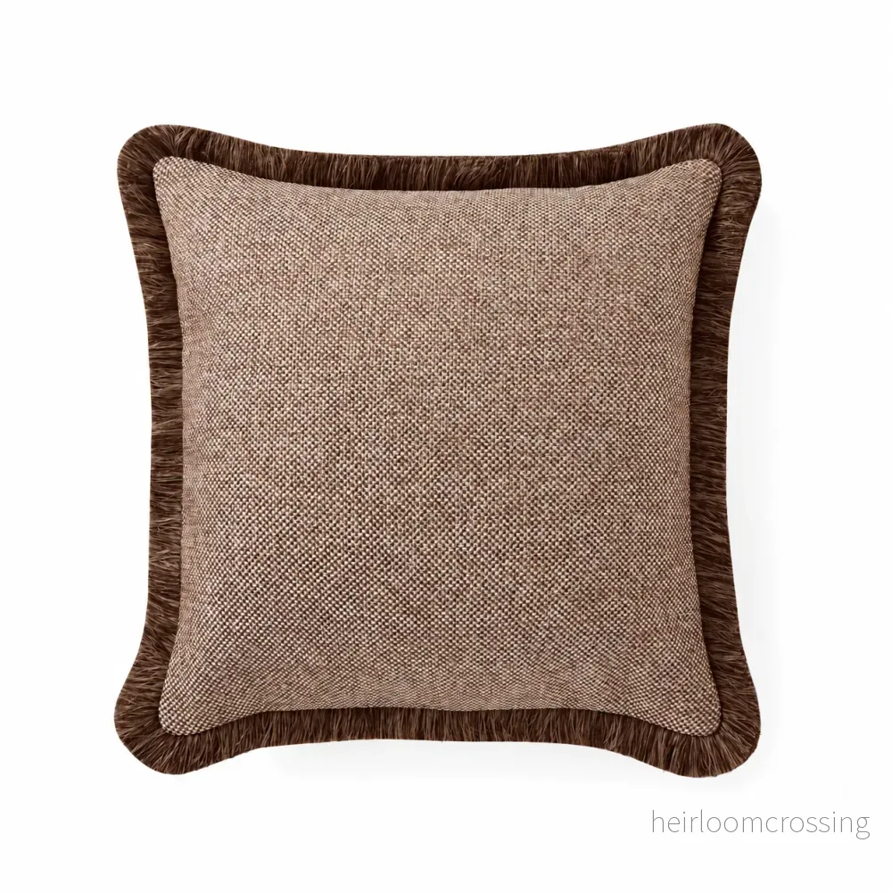 Pillow cover - Quilted Fringe Pillow Cover - Beige & Brown, Dark Brown fringe