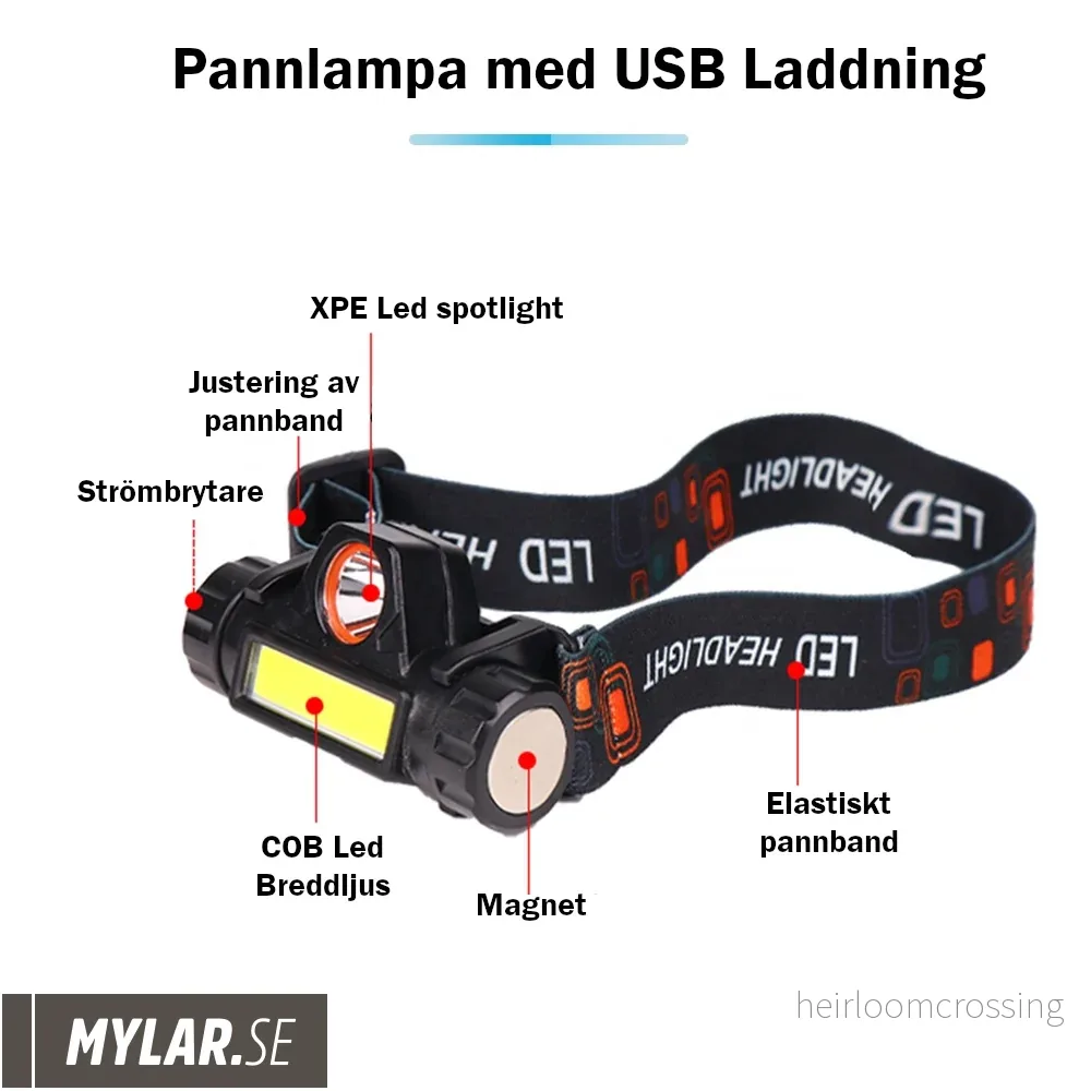 Pannlampa med USB laddning 800 Lumen och 4 timmars batteritid