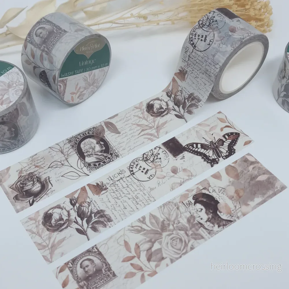 Vintage washi-tejp med antika frimärken och botaniska illustrationer