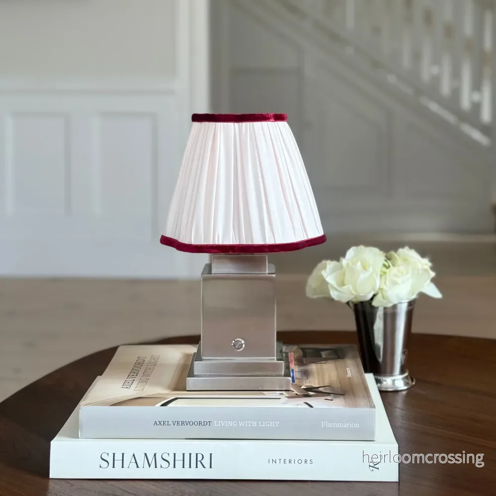 Athena Silver Rechargeable Table Lamp (Ivory with Burgundy Trim) Athena Silver Rechargeable Table Lamp (Ivory with Burgundy Trim)