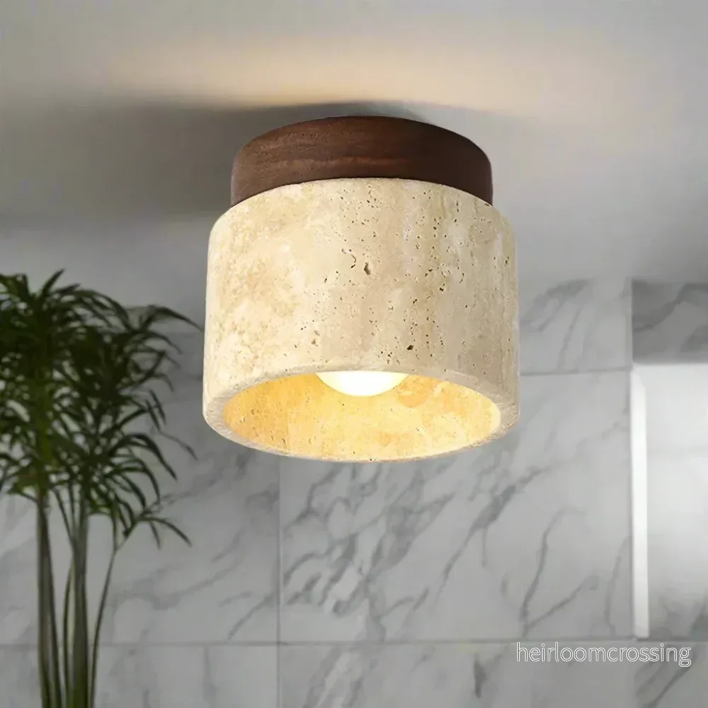 Taklampa i sten och trä – japandi plafond med spotlight Taklampa i sten och trä – japandi plafond med spotlight
