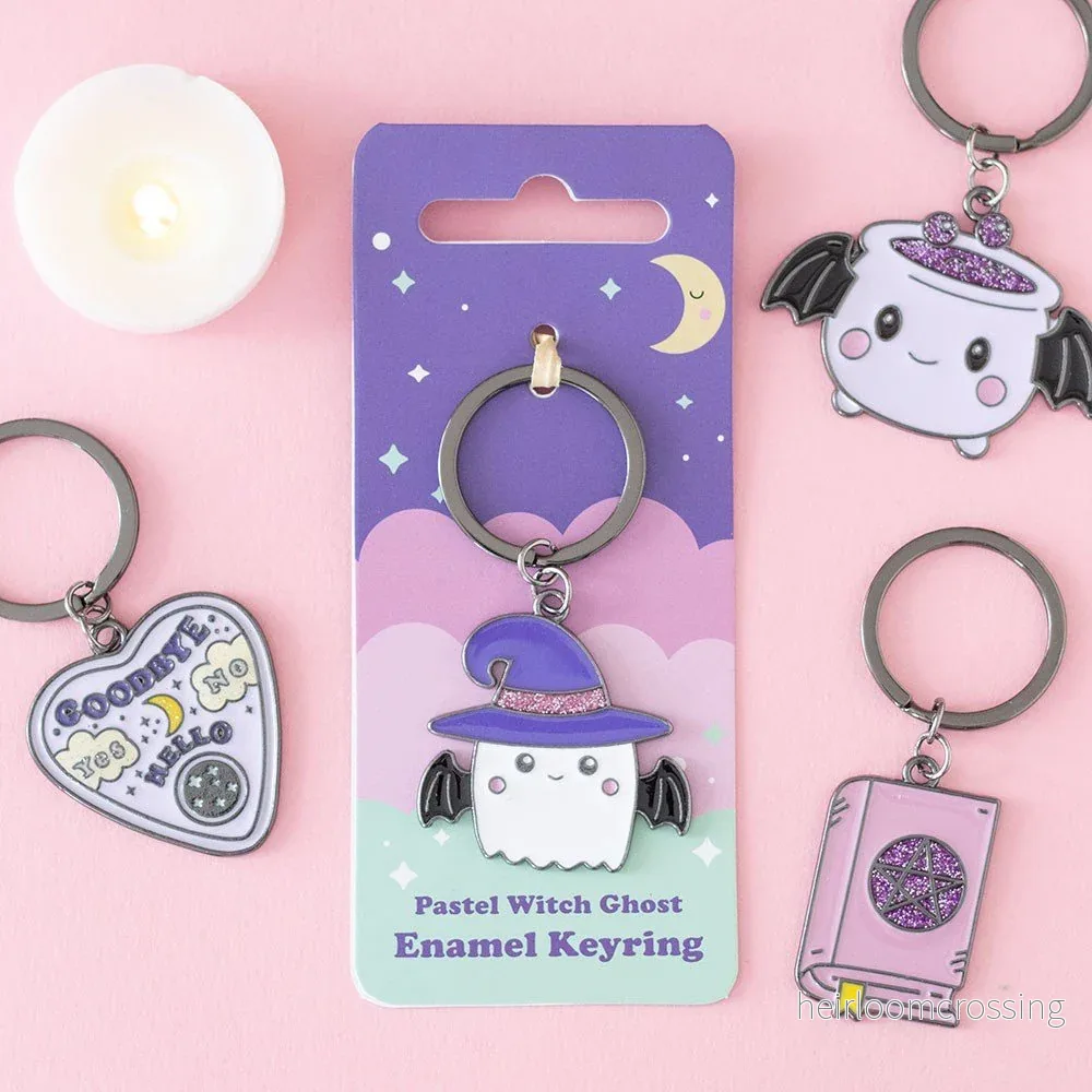 Candy Cauldron Ghost with Witch Hat Glitter Enamel Keyring Candy Cauldron Ghost with Witch Hat Glitter Enamel Keyring