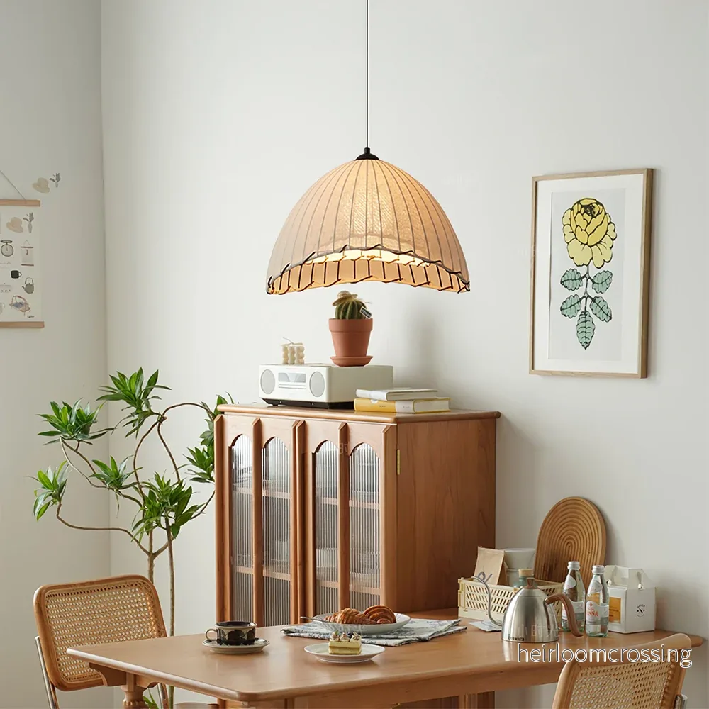 Pendellampa i linne – kupolformad wabi-sabi taklampa - Bild 2