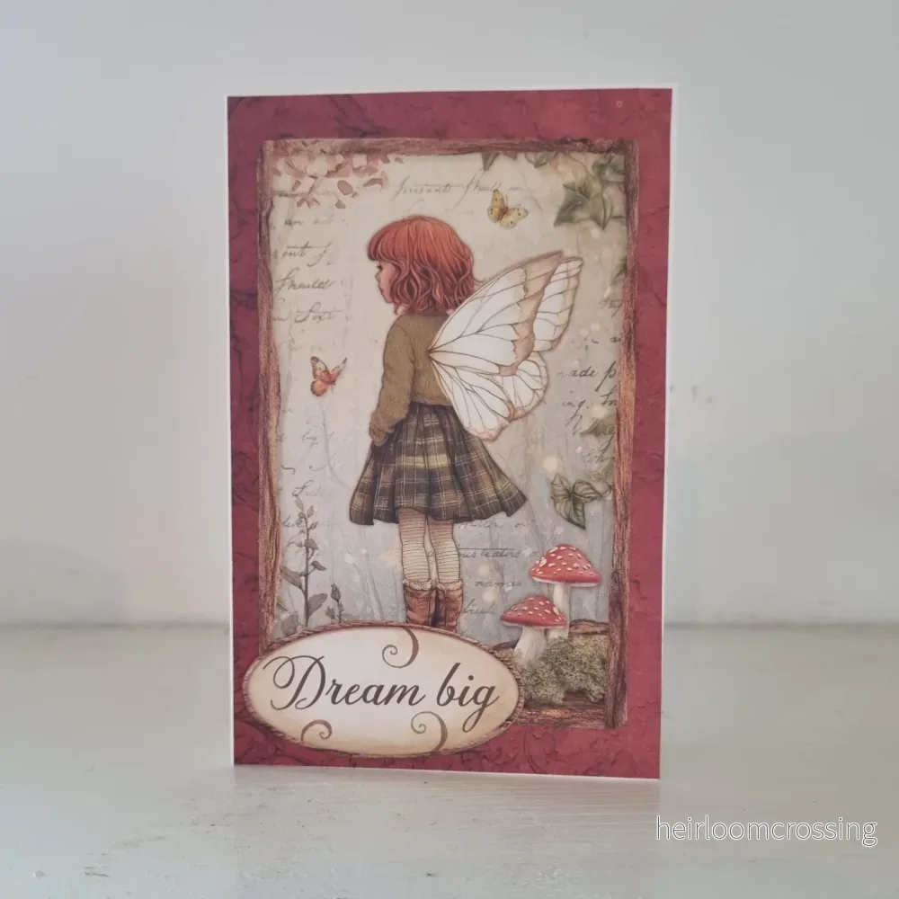 Handgjort gratulationskort, storlek 7×11 cm, Höstflicka, ”Dream big”